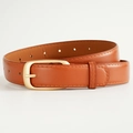 Classic brown faux leather belt with a polished gold metal pin buckle for women - Camel