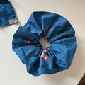 Double-layered blue floral scrunchie with pink flower pattern for elegant hair styling - Classic Pleated Style