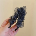 Close-up of black organza polka dot hair claw clip with pleated ruffle mesh texture - Black Polka Dot