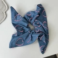 Denim bow hair scrunchie with pink heart embroidery and distressed edges in blue - Heart Fringe Style