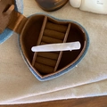 Detail of handmade acetate hair clip in heart denim gift box with gold lettering - Shell White