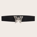 Women's black elastic waist belt with hollow silver butterfly buckle for dresses - Black With Silver Butterfly Buckle-65cm