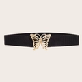 Elastic waist belt for women featuring a golden hollow butterfly buckle in black - Black With Gold Butterfly Buckle-65cm