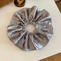 Satin silver grey polka dot scrunchie with a glossy silk finish and white woven label - Grey Large Scrunchie