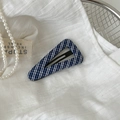 Detailed close-up of blue and white striped fabric covering a triangular BB hair clip - Blue and White Striped Triangle Hair Clip (BB Clip)