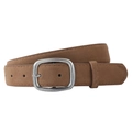 Classic dark brown suede leather belt featuring a vintage silver rectangular pin buckle - Caramel color