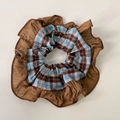 Detailed close-up of blue and brown plaid scrunchie with layered vintage ruffle edges - Coffee Plaid Lace Scrunchie