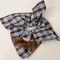 Detail of blue and brown plaid scrunchie with bow decoration and fabric label - Coffee Plaid Bow Scrunchie