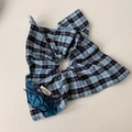 Macro shot of blue and black plaid fabric hair tie with hellocandy brand label detail - Blue Plaid Scarf Hair Tie