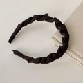 Close-up of woven satin headband in dark coffee with mini hair clips for secure styling - Brown