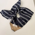 Detail of blue striped seersucker bandana with wooden button and hand made label - Blue Striped Square Scarf
