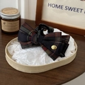 Large plaid bow hair claw clip with high-gloss finish for women's autumn winter styling - Navy Blue