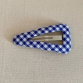 Close-up of blue and white checkered fabric BB hair clip with silver metal interior - Blue Plaid