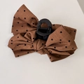 Macro detail of retro brown polka dot bow hair claw with premium cotton linen texture - Hair Claw / Brown