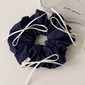 Dark blue pleated cotton scrunchie with white lace bows and handmade label for women - Navy Blue