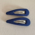 Close-up of deep blue denim fabric teardrop hair clips with silver metallic BB clip base - Dark Blue