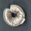 Champagne gold silk scrunchie with soft cotton filling and woven brand tag - Pinkish Grey