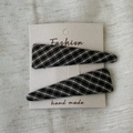 Pair of retro plaid fabric triangle hair clips in grey check pattern on display card - Pair Clip / Gray & Brown Plaid