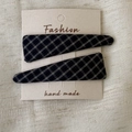 Detail showing two vintage plaid fabric BB hair clips on a handmade card display - Pair Clip / Navy Plaid