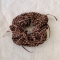 Detail of coffee plaid scrunchie with ribbons and bows on a linen background - Dark Coffee Plaid Ribbon Bow Style (Style F)