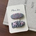 Detail of checkered and striped hair clips set with pink bear embroidery and bow - Bear Pleated Bow Style