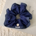 Retro navy blue plaid scrunchie with cream wooden button and contrast fabric edge - Navy Blue Plaid Scrunchie