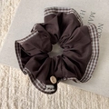 Vintage dark coffee checkered hair scrunchie with wooden button and bow detail - Coffee Plaid Scrunchie