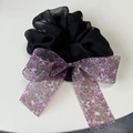 Retro organza floral bow scrunchie for women with lavender patterns and black fabric - Purple Bow Black Scrunchie