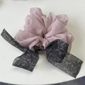 Detail of Korean style floral organza bow scrunchie in light pink and purple tones - Pink
