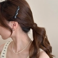 Polka dot hollow teardrop clip in black, silver earrings and pearl necklace set - Black Wave Style