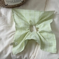 Green and white gingham hair scrunchie with 3D floral accent and woven tag detail - Matching Scarf