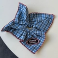 Detail of blue gingham scrunchie with red scalloped edges and Atlanta embroidery - Red Blue Plaid Hair Scarf