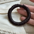 Deep coffee brown satin scrunchie with layered pleated texture and a glossy finish - Dark Grey Brown