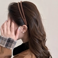 Detail view of a double-layered brown plush headband worn by a model for a stylish winter look - Brown
