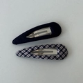 Detail of navy blue and plaid fabric-wrapped metal BB hair clips in a two-piece set - Waterdrop Plaid Hair Clips