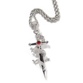 Pendentif épée dragon hip hop avec pierre rouge et zircons blancs sur chaîne torsadée - Pendentif argenté pierre rouge + chaîne torsadée