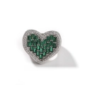 Hip hop heart ring in silver with green baguette stones and pavé white diamonds - Silver Green