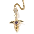 Détail du pendentif épée hip-hop avec zircon violet et ailes dorées sur chaîne - Pendentif Or (Chaîne Torsadée)