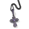 Colgante de cruz hip hop negro con circonitas púrpuras y cadena de cuerda para hombres - Cadena de Cuerda Negra / Circón Morado Negro