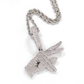 Macro detail of hip hop gesture pendant with white zircons and rope chain necklace - Silver Pendant + Twist Chain