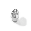Detail van zilveren hiphop grillz met kruisontwerp en micro-pave zirkonia steentjes - Zilveren Kruis Enkele Tand Stijl / Zilver