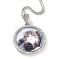 Macro detail of custom rotating photo pendant with pave set diamonds on rope chain - Silver