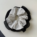 Detail of layered hair scrunchie featuring grey stripes and black pleated gauze edges - Black Striped