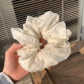 French style oversized white lace scrunchie with floral embroidery and bow ribbon - Scrunchie Style / Milky White