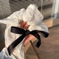 White lace scrunchie with a black satin bow ribbon and embroidery for women - Bow Ribbon Style / Cream White With Black