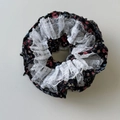 Handmade floral lace hair scrunchie in black cotton with white layered ruffle edges - Black