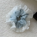 French style double-layered blue floral lace scrunchie with striped fabric and white chiffon - Double Layer Lace Trim Style