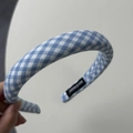 Detailed view of the blue gingham padded headband with a hand made woven label - Blue Gingham Narrow Headband