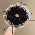 Extra large black lace scrunchie with white scalloped trim and pearl bow accents - Black
