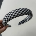 Macro detail of hand made label on black and white gingham plaid padded headband - Black Gingham Wide Headband